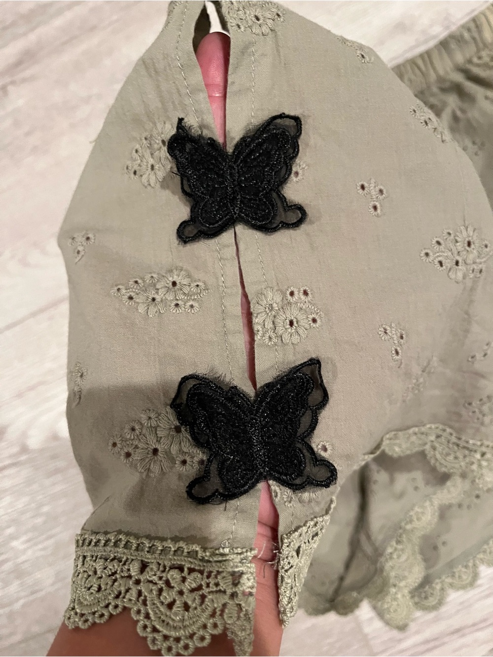 Olive Eyelet Lace Trim Shorts with Black Butterfly Details